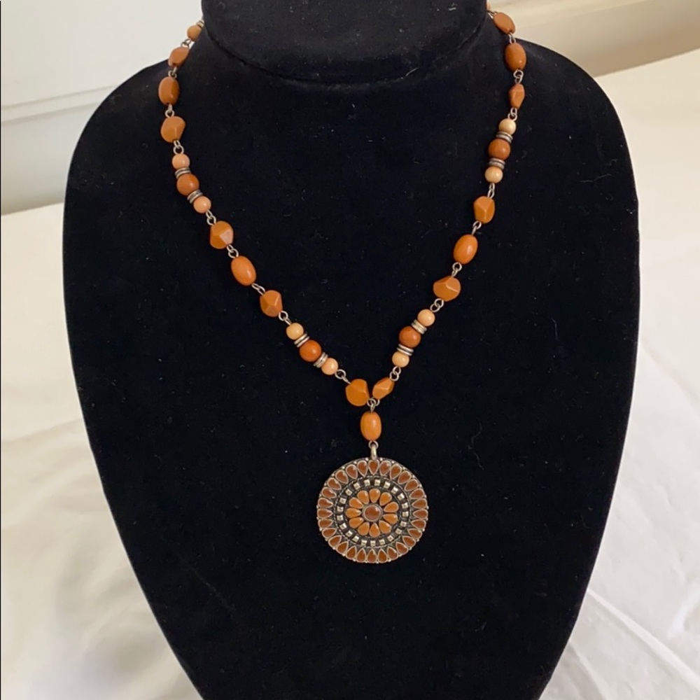 Vintage wood beaded necklace with medallion